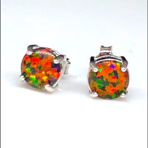 925 Lab Created Round Opal Earrings